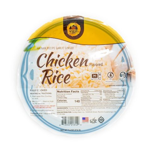 Golden Nest Hainan Style Chicken Flavored Rice | White Rice Infused with Chicken Broth, Garlic, and Ginger | All Natural Asian Homemade Style with No Preservatives and Naturally Gluten-Free | Fully Cooked Instant Microwavable Hainan Chicken Rice | 7.6 oz bowl x 6pk